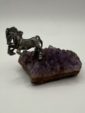 Silver Horse Figurine on Purple Amethyst Cluster